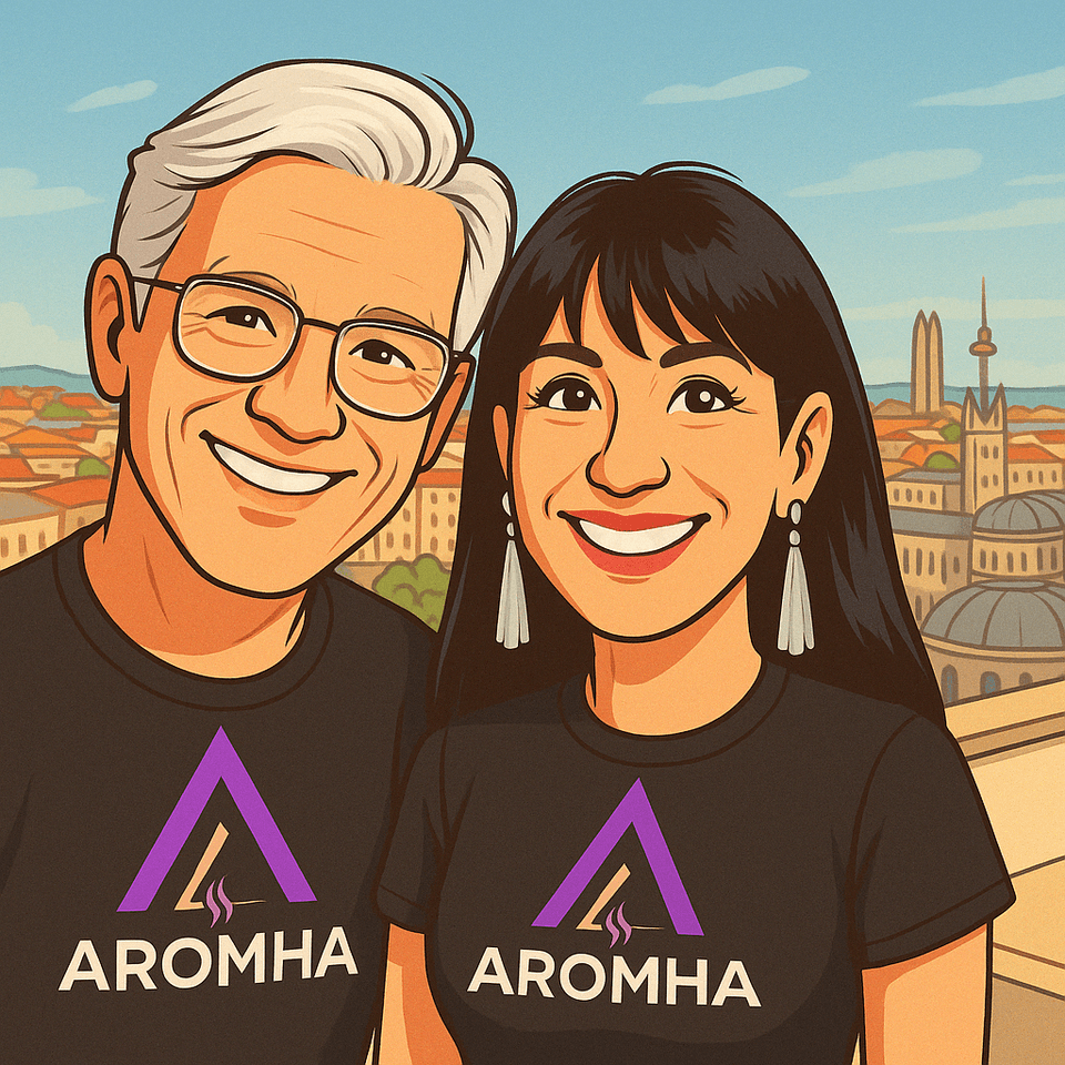 Illustration of two members of the Aromha community wearing Aromha t-shirts
